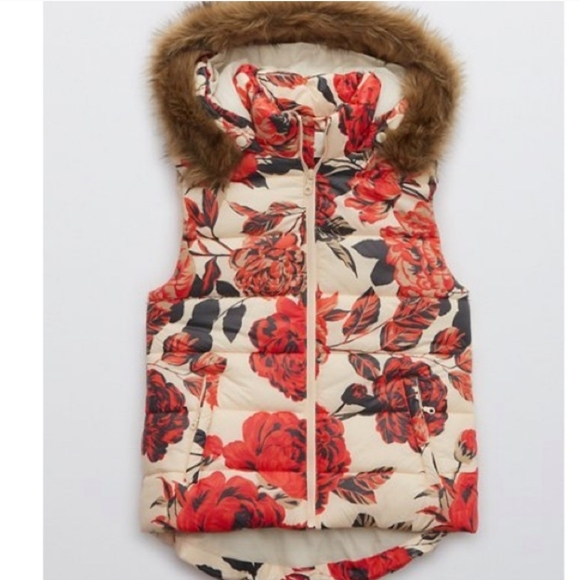 aerie Jackets & Blazers - Offline By Aerie Floral Puffer Vest Size Med Faux Fur Trim Hood